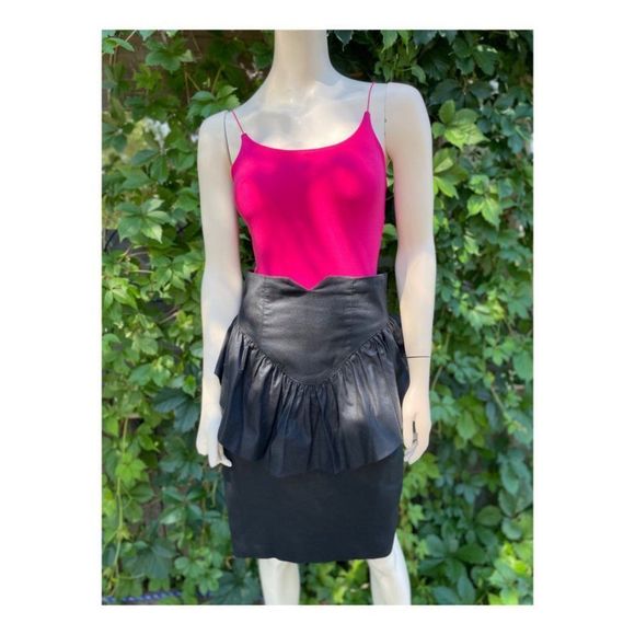 Vintage 80s Black Peplum Pencil Skirt 100% Cotton Sz 9 - Picture 2 of 12